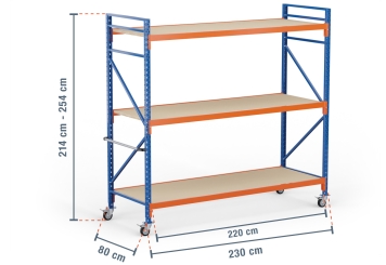 2,3 m mobile storage rack LR2000 / 80 cm deep / 2.140  - 2.540 mm high / 3 levels / rack layer Wood 