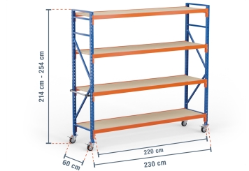 2,3 m mobile storage rack LR2000 / 60 cm deep / 2.140  - 2.540 mm high / 4 levels / rack layer Wood 
