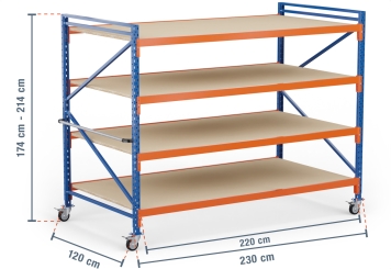 2,3 m mobile storage rack LR2000 / 120 cm deep / 1.740  - 2.140 mm high / 4 levels / rack layer Wood 
