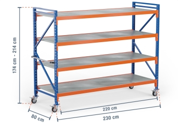 2,3 m mobile storage rack LR2000 / 80 cm deep / 1.740  - 2.140 mm high / 4 levels / rack layer Steel 