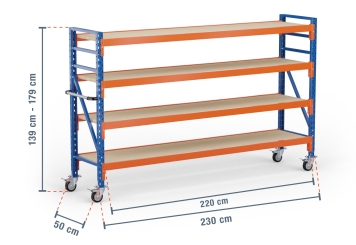 2,3 m mobile storage rack LR2000 / 50 cm deep / 1.390  - 1.790 mm high / 4 levels / rack layer Wood 