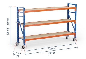 2,3 m mobile storage rack LR2000 / 50 cm deep / 1.390  - 1.790 mm high / 3 levels / rack layer Wood 