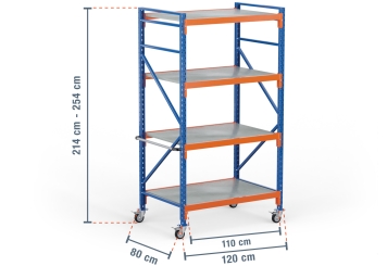 1,2 m mobile storage rack LR2000 / 80 cm deep / 2.140  - 2.540 mm high / 4 levels / rack layer Steel 