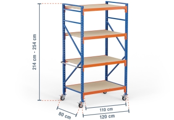 1,2 m mobile storage rack LR2000 / 80 cm deep / 2.140  - 2.540 mm high / 4 levels / rack layer Wood 