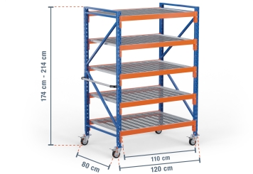 1,2 m mobile storage rack LR2000 / 80 cm deep / 1.740  - 2.140 mm high / 5 levels / rack layer Galvanised mesh 