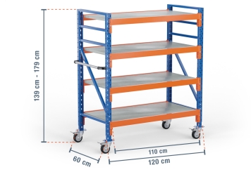 1,2 m mobile storage rack LR2000 / 60 cm deep / 1.390  - 1.790 mm high / 4 levels / rack layer Steel 