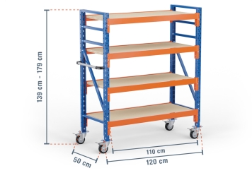 1,2 m mobile storage rack LR2000 / 50 cm deep / 1.390  - 1.790 mm high / 4 levels / rack layer Wood 