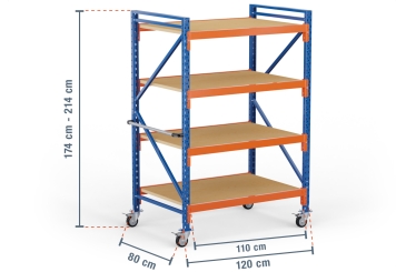 1,2 m mobile storage rack LR2000 / 80 cm deep / 1.740  - 2.140 mm high / 4 levels / rack layer Plywood 