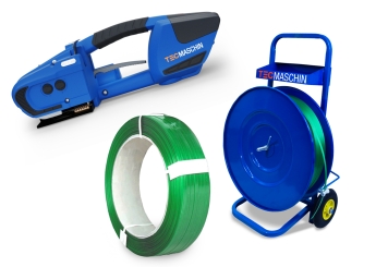 Kit de flejado con batería: carro dispensador, flejadora con batería de repuesto incluida, PET fleje (fabricado con un 99 % de material reciclado), TecMaschin 