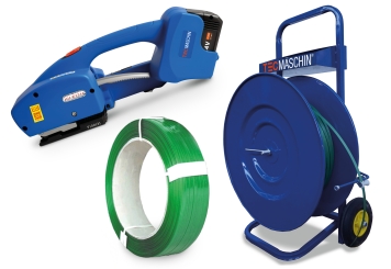 Kit de flejado Experte: carro dispensador, flejadora con batería de repuesto incluida, cinta de flejado PET (fabricada con un 99 % de material reciclado), TecMaschin. 